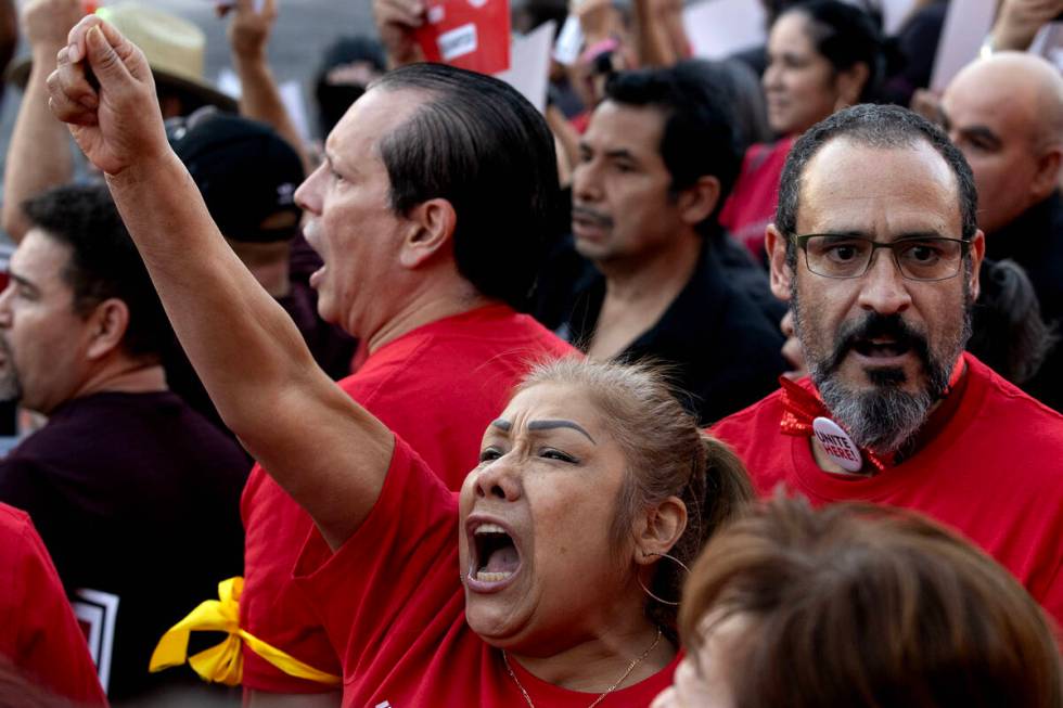 Culinary union members protest for a new contract during a rally along Las Vegas Boulevard on W ...