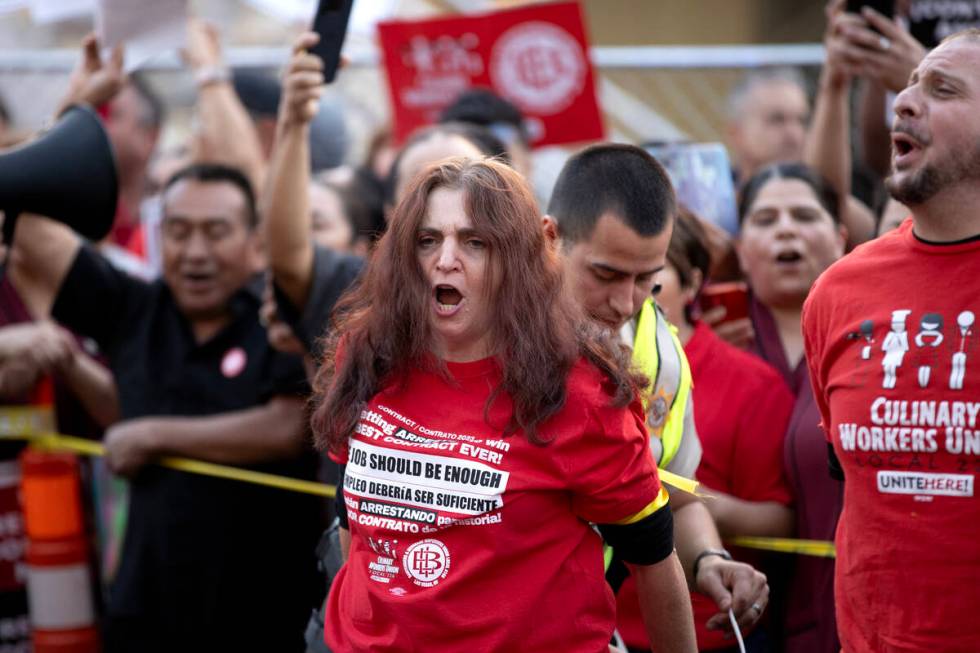 A culinary union member is arrested after blocking traffic along Las Vegas Boulevard on Wednesd ...