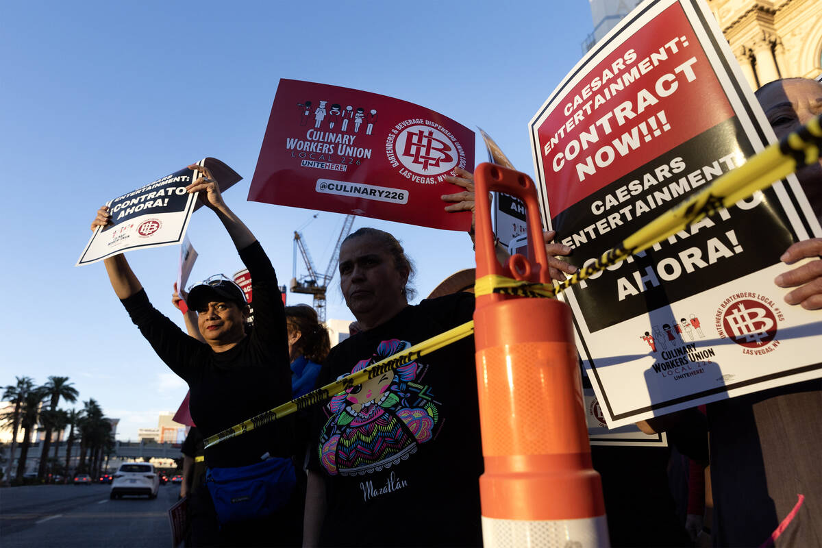 Thousands of culinary union members rally along Las Vegas Boulevard on Wednesday, Oct. 25, 2023 ...