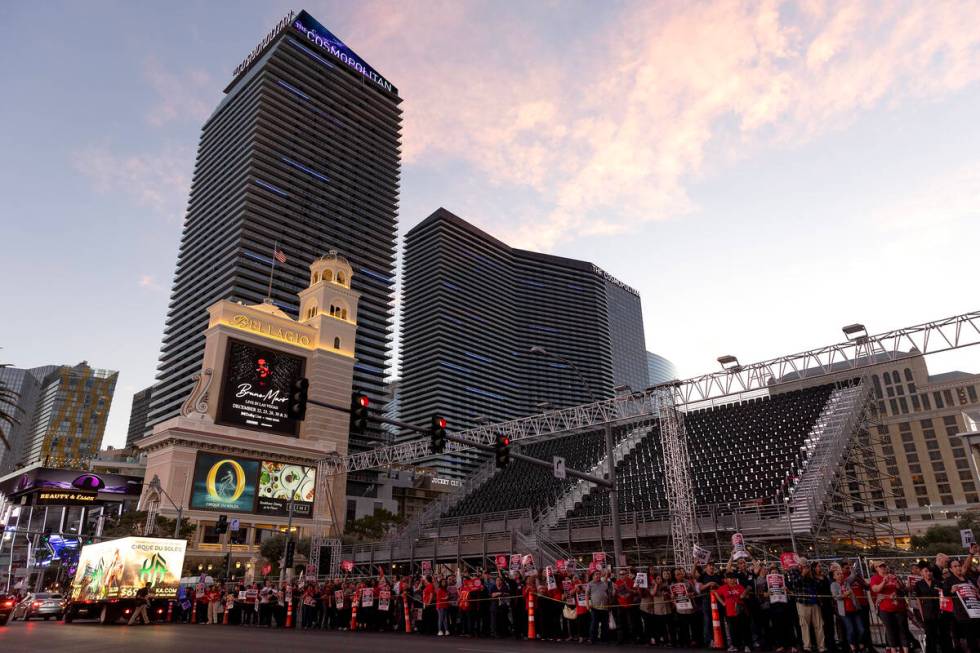 Thousands of culinary union members rally along Las Vegas Boulevard on Wednesday, Oct. 25, 2023 ...