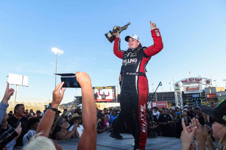 Erica Enders enters the stage after winning the Pro Stock Nevada Nationals for NHRA at the Las ...