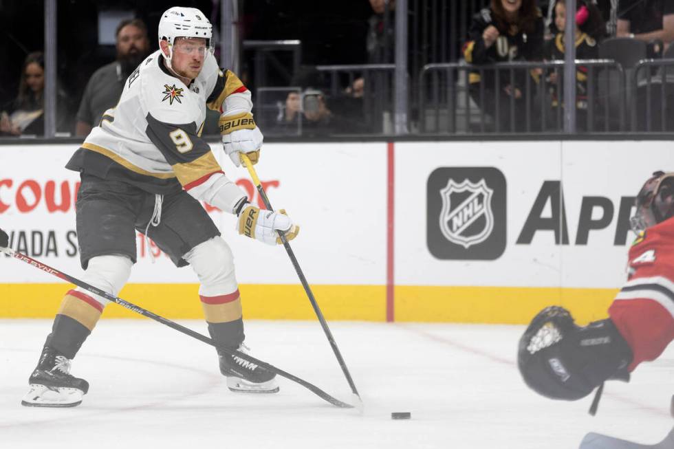 Golden Knights center Jack Eichel (9) skates with the puck toward the Blackhawks’ net du ...