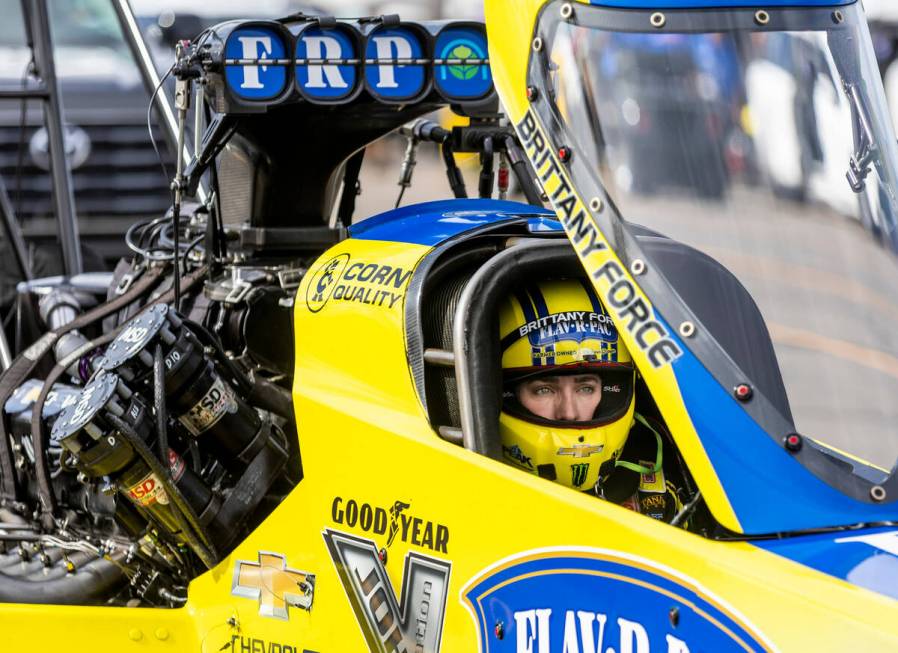 Top Fuel racer Brittany Force in the cockpit of her dragster before a during a qualifying sessi ...