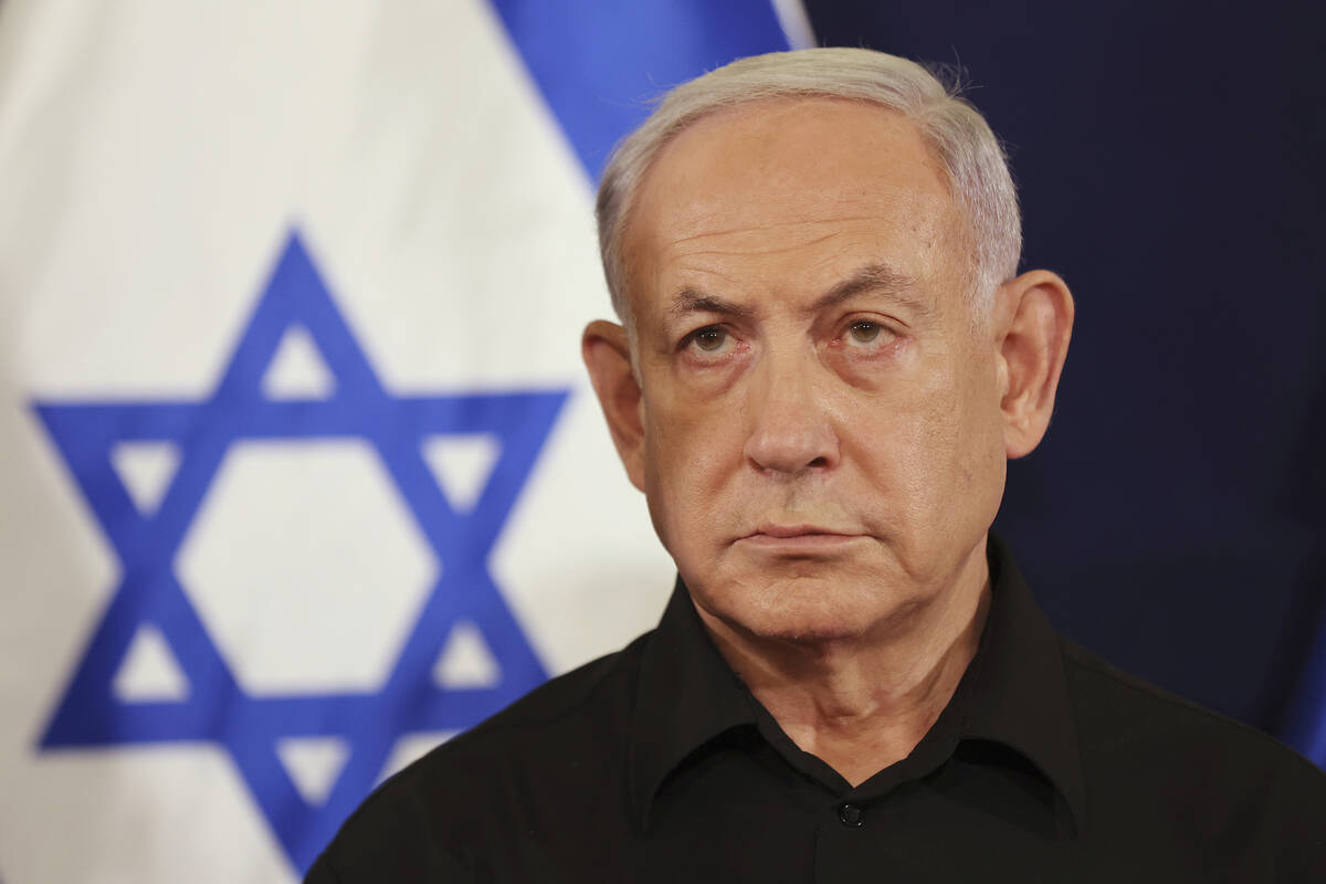 Israeli Prime Minister Benjamin Netanyahu during a press conference with Defense Minister Yoav ...