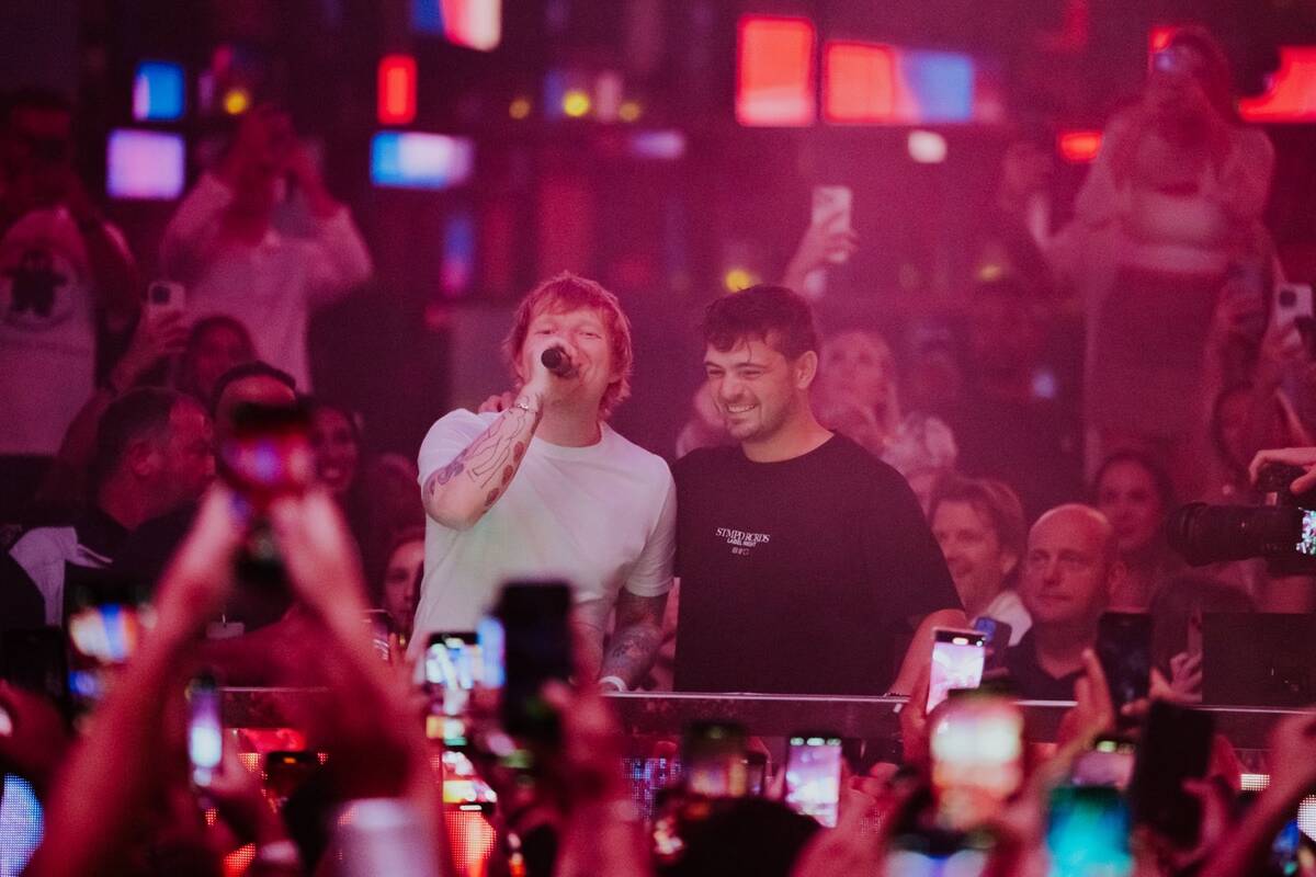 Ed Sheeran and Martin Garrix are shown during Garrix's show at Omnia Nightclub at Caesars Palac ...