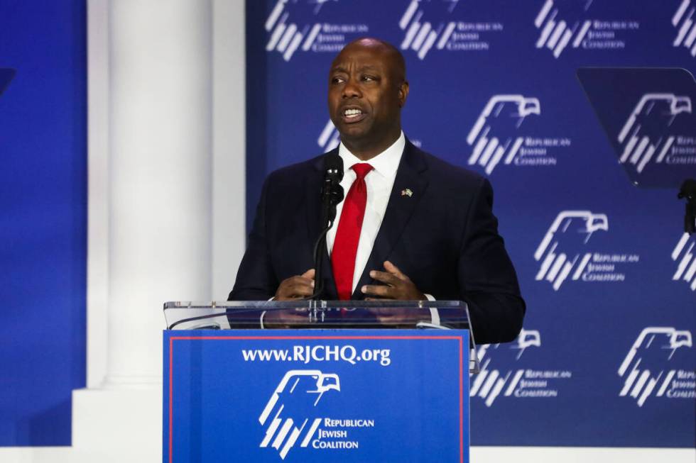 Republican presidential candidate South Carolina U.S. Sen. Tim Scott speaks during the annual R ...