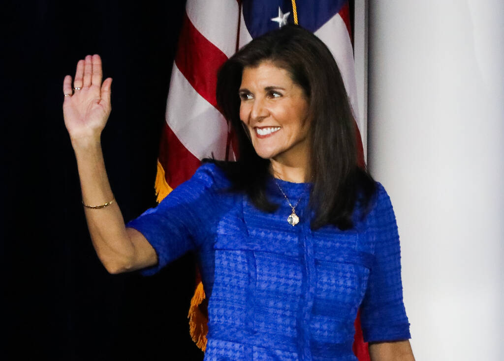 Republican presidential candidate former South Carolina Gov. Nikki Haley walks on stage at the ...