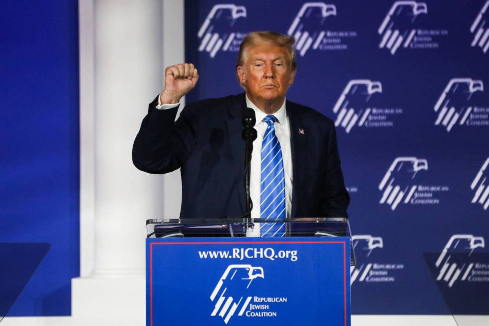 Republican presidential candidate former President Donald Trump speaks during the annual Republ ...