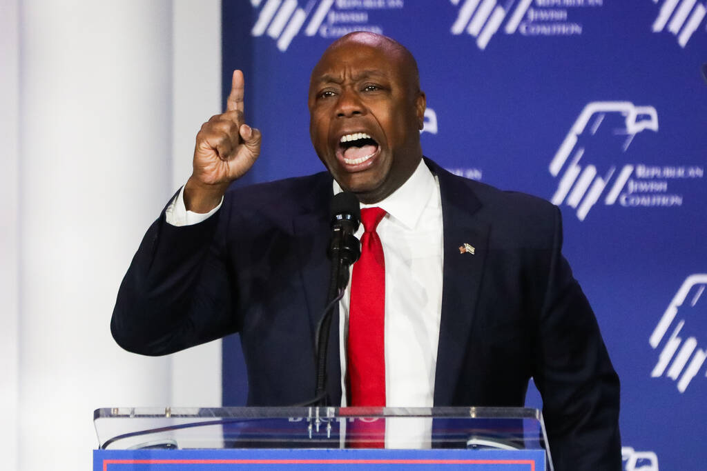 Republican presidential candidate South Carolina U.S. Sen. Tim Scott speaks during the annual R ...