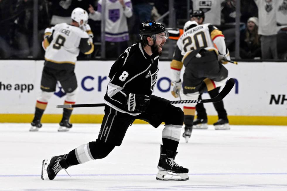 Los Angeles Kings defenseman Drew Doughty (8) celebrates his goal against the Vegas Golden Knig ...