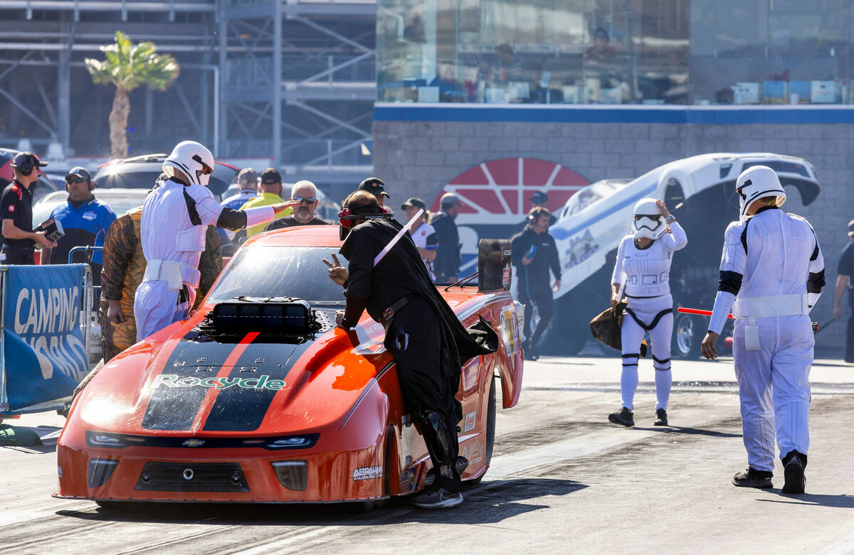 A race team dresses as Star Wars characters during a qualifying session in the NHRA Nevada Nati ...