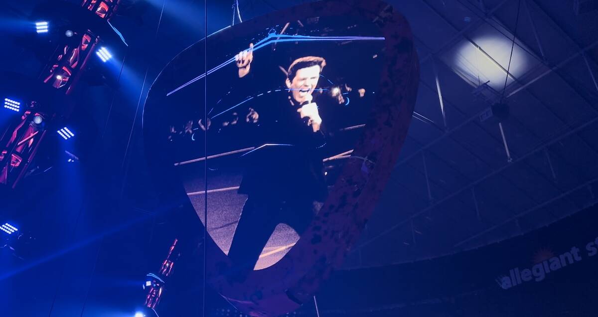 Brandon Flowers of The Killers is shown during Ed Sheeran's show at Allegiant Stadium on Saturd ...