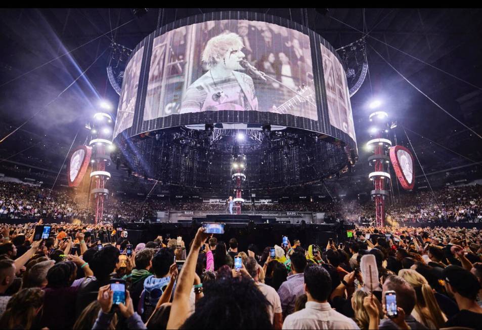 Ed Sheeran, in his Chucky costume for Halloween, is shown at Allegiant Stadium on Saturday, Oct ...