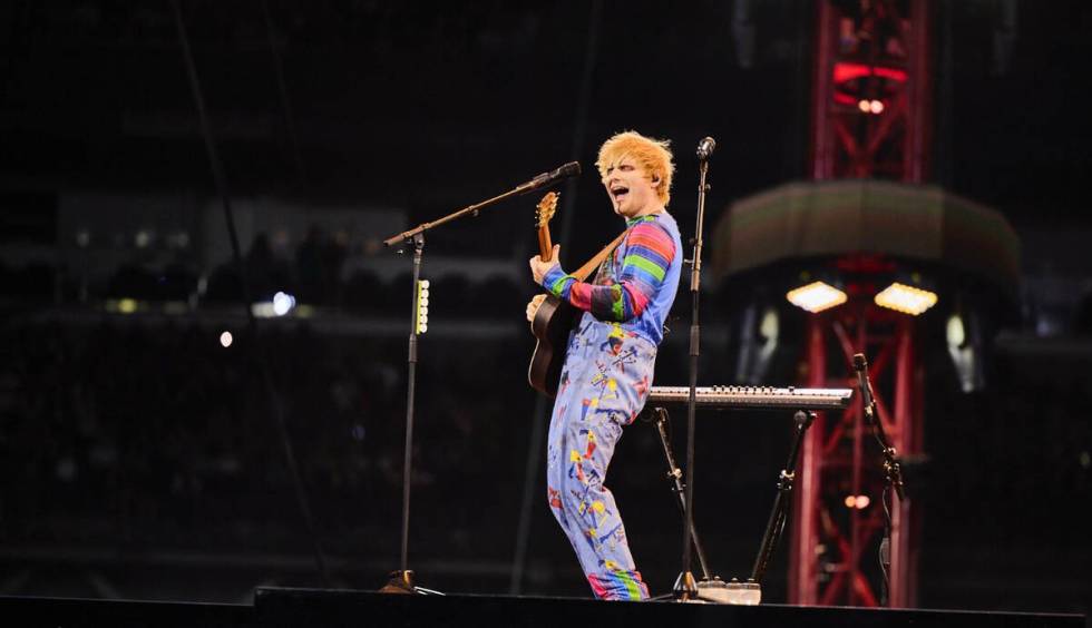 Ed Sheeran, in his Chucky costume for Halloween, is shown at Allegiant Stadium on Saturday, Oct ...