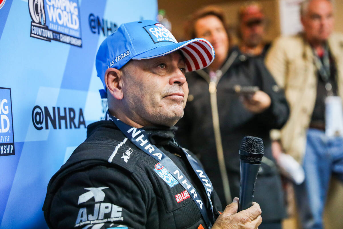 Mike Salinas gets emotional while talking about winning the nitro eliminations top fuel champio ...