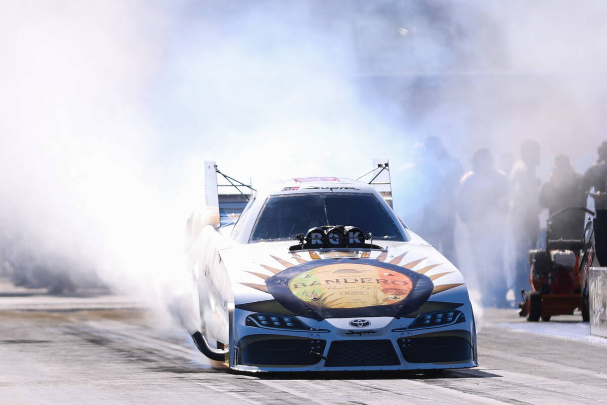 Alexis DeJoria burns out her tires at the NHRA Nevada Nationals at The Strip at Las Vegas Motor ...