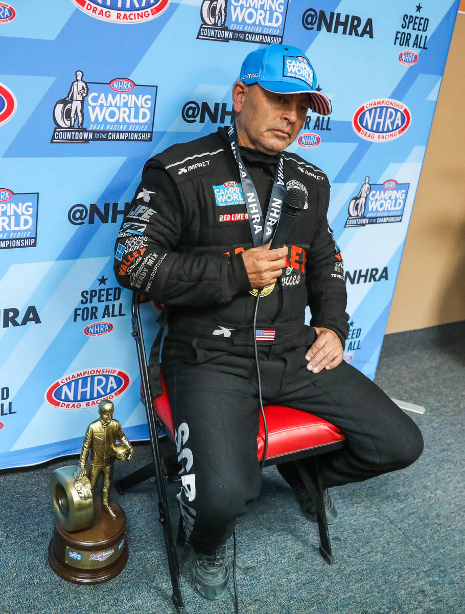 Mike Salinas gets emotional while talking about winning the nitro eliminations top fuel champio ...