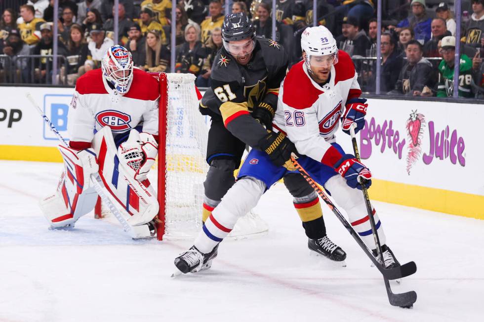 Golden Knights right wing Mark Stone (61) and Montreal Canadiens defenseman Johnathan Kovacevic ...