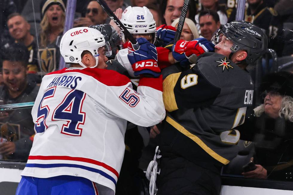 Montreal Canadiens defenseman Johnathan Kovacevic (26) and Montreal Canadiens defenseman Jordan ...