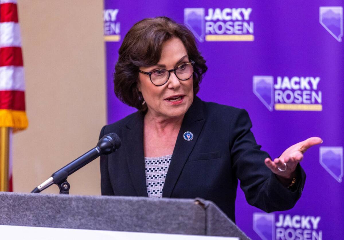 Sen. Jacky Rosen, D-Nev., leads a press conference in August 2023 in Las Vegas. (L.E. Baskow/La ...