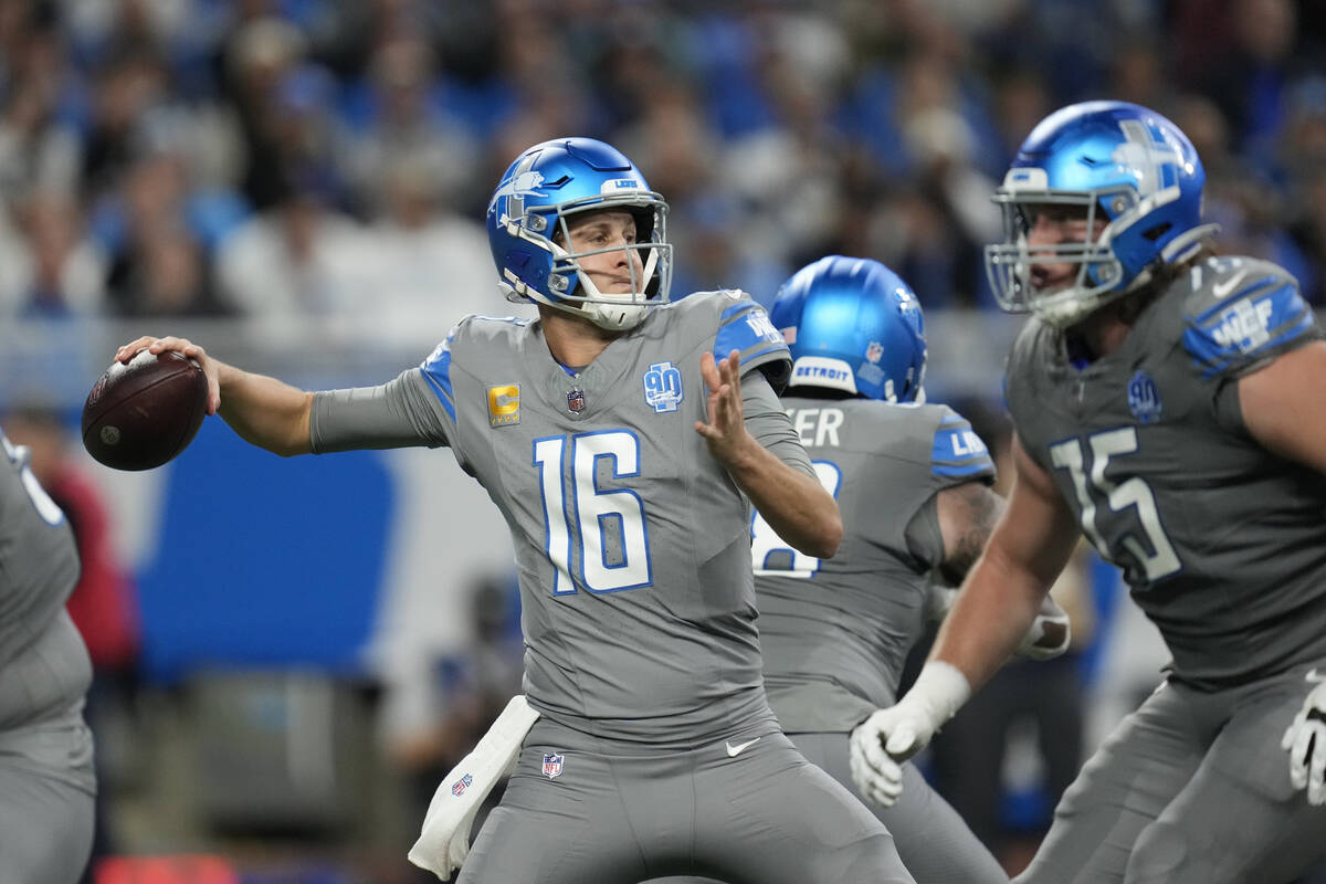 Detroit Lions quarterback Jared Goff throws during the first half of an NFL football game again ...