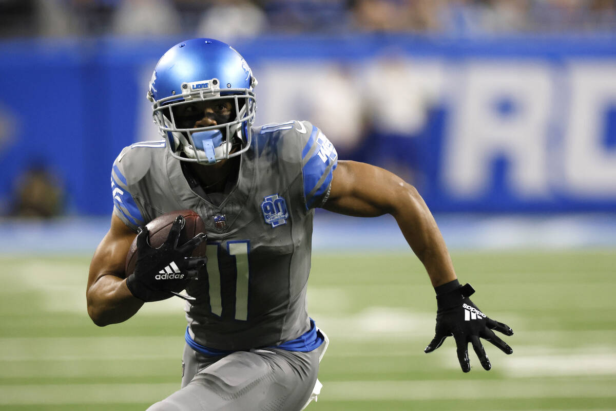 Detroit Lions wide receiver Kalif Raymond rushes during the first half of an NFL football game ...