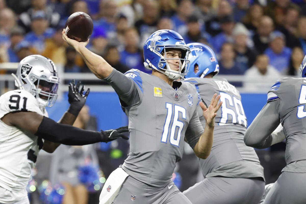 Detroit Lions quarterback Jared Goff (16) passes against the Las Vegas Raider in the first half ...