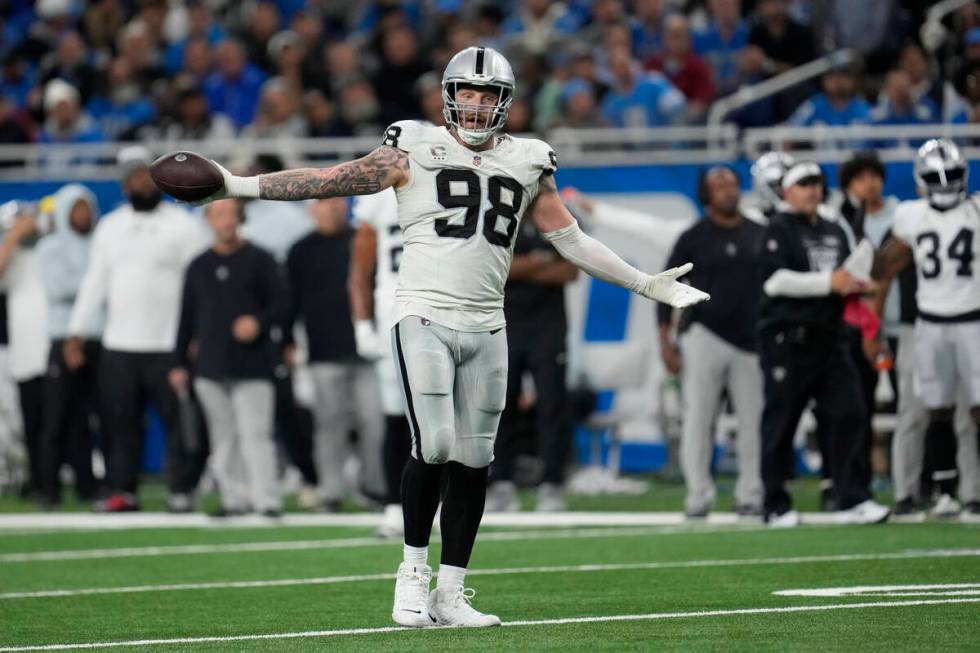 Las Vegas Raiders defensive end Maxx Crosby reacts after a play during the second half of an NF ...