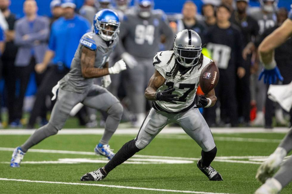 Raiders wide receiver Davante Adams (17) can’t make a catch during the second half of an ...