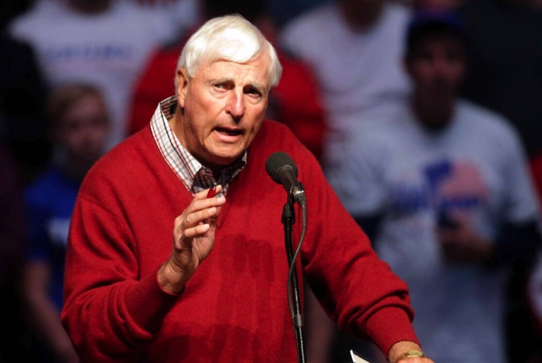 Bob Knight speaks during a campaign stop for Donald Trump in Indianapolis in April 2016. (AP Ph ...