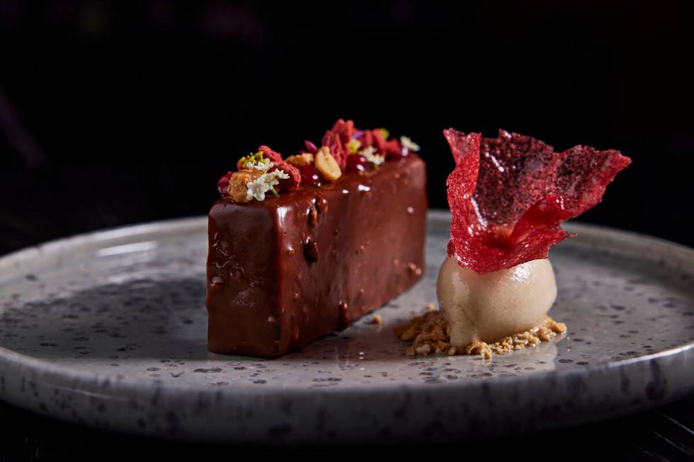 A peanut butter candy bar from Stubborn Seed, the Michelin-starred Miami Beach restaurant openi ...