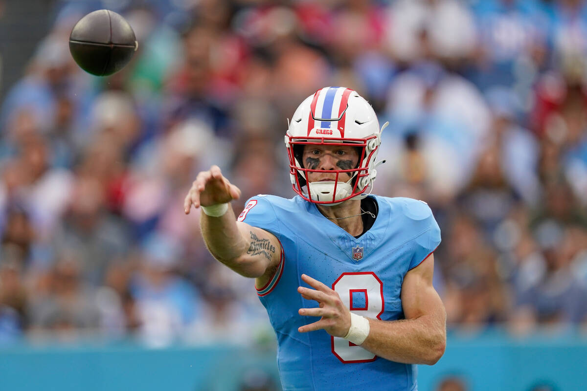 Tennessee Titans quarterback Will Levis throws a pass against the Atlanta Falcons during the fi ...