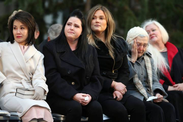 From left, Nevada Gov. Steve Sisolak's wife, first lady Kathy Sisolak, daughters Ashley and Car ...