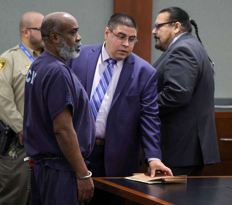 LAS VEGAS, NEVADA - NOVEMBER 02: (L-R) Duane Davis, with deputy special public defenders Robert ...