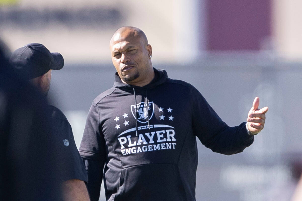 Raiders interim head coach Antonio Pierce on the field during practice at the Intermountain Hea ...