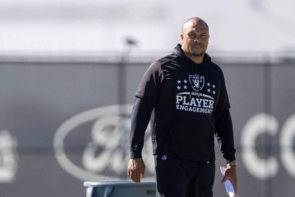 Raiders interim head coach Antonio Pierce looks on during practice at the Intermountain Health ...