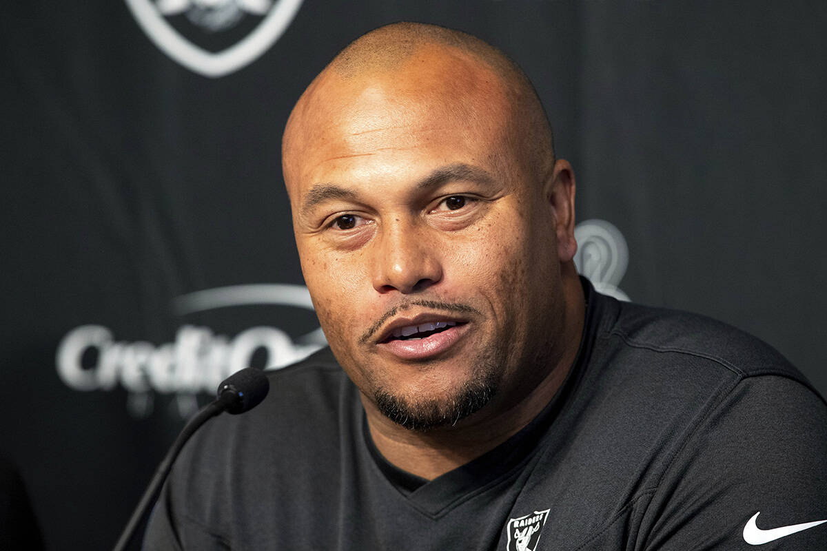 Las Vegas Raiders interim head coach Antonio Pierce speaks with reporters during a news confere ...