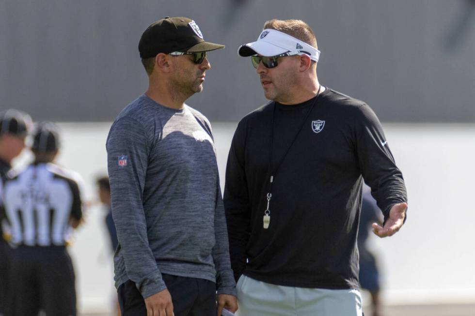 Raiders general manager Dave Ziegler, left, and head coach Josh McDaniels during the team&#x201 ...