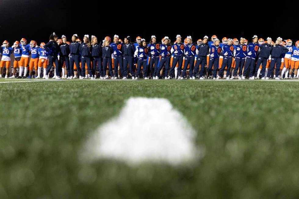 Bishop Gorman and their cheerleaders sing their fight song after winning a Class 5A Division I ...