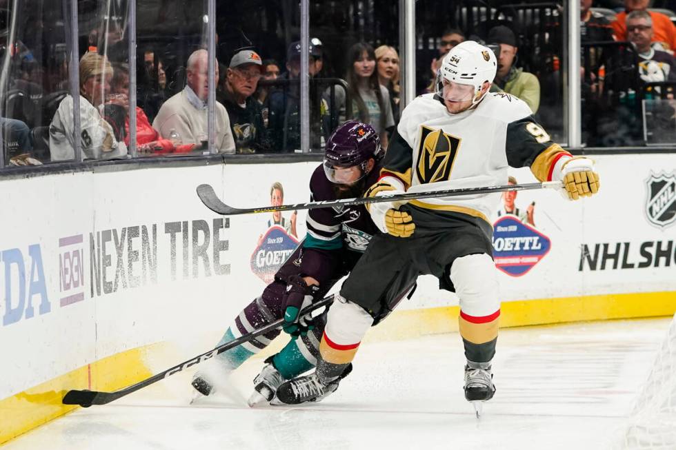 Anaheim Ducks defenseman Radko Gudas, left, and Vegas Golden Knights defenseman Brayden Pachal, ...