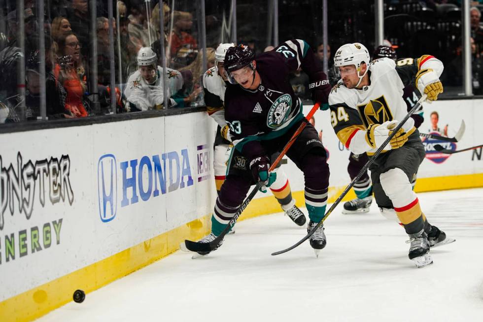 Anaheim Ducks right wing Jakob Silfverberg, left, and Vegas Golden Knights defenseman Brayden P ...