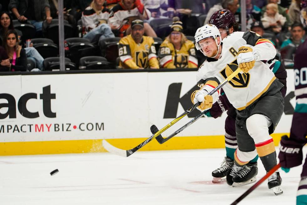 Vegas Golden Knights center Jack Eichel (9) shoots to score during the second period of an NHL ...