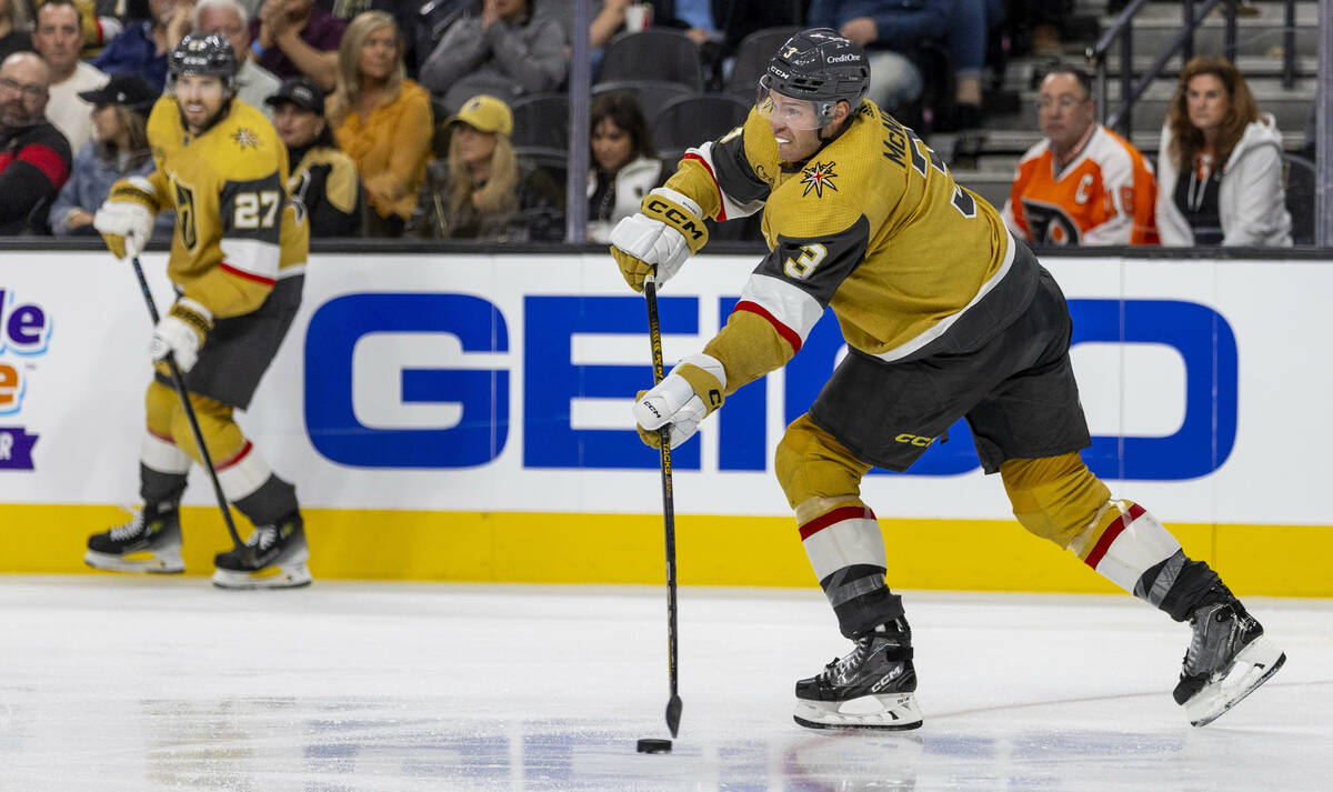 Golden Knights defenseman Brayden McNabb (3) looks to pass against the Philadelphia Flyers duri ...