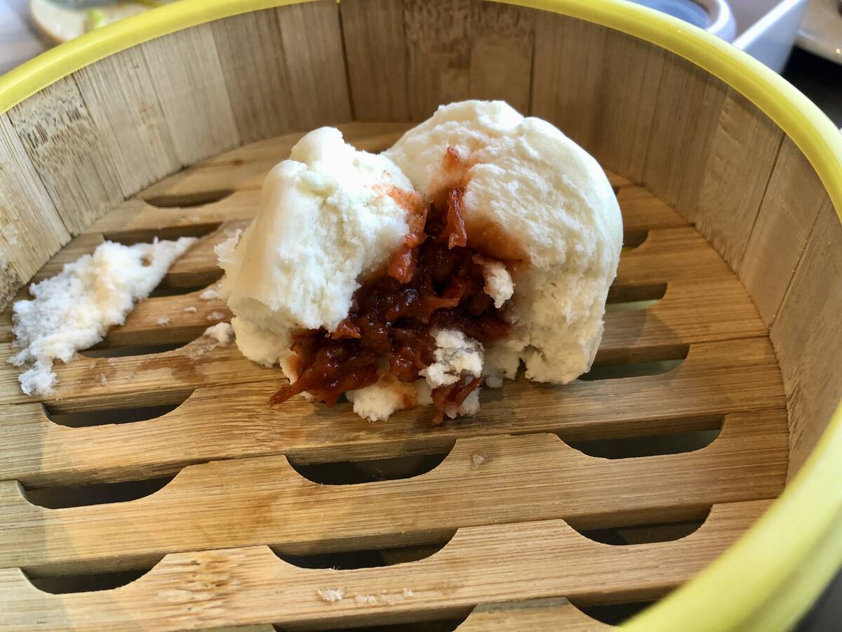 Steamed barbecue pork bao, nearly gone, from Palette Tea Lounge in Chinatown Las Vegas. (Johnat ...