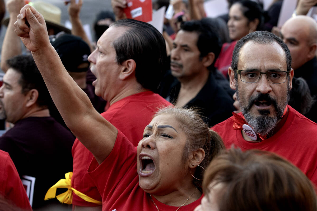 Culinary Local 226 members protest for a new contract during a rally along Las Vegas Boulevard ...