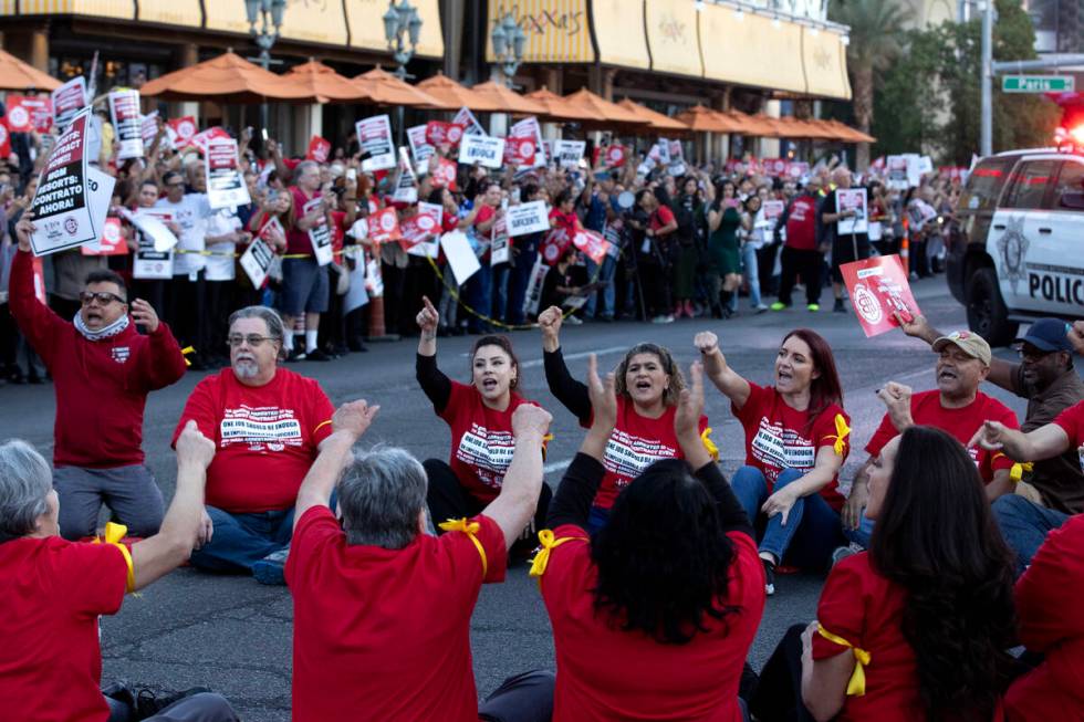 Culinary union members block Las Vegas Boulevard during a rally on Wednesday, Oct. 25, 2023, in ...