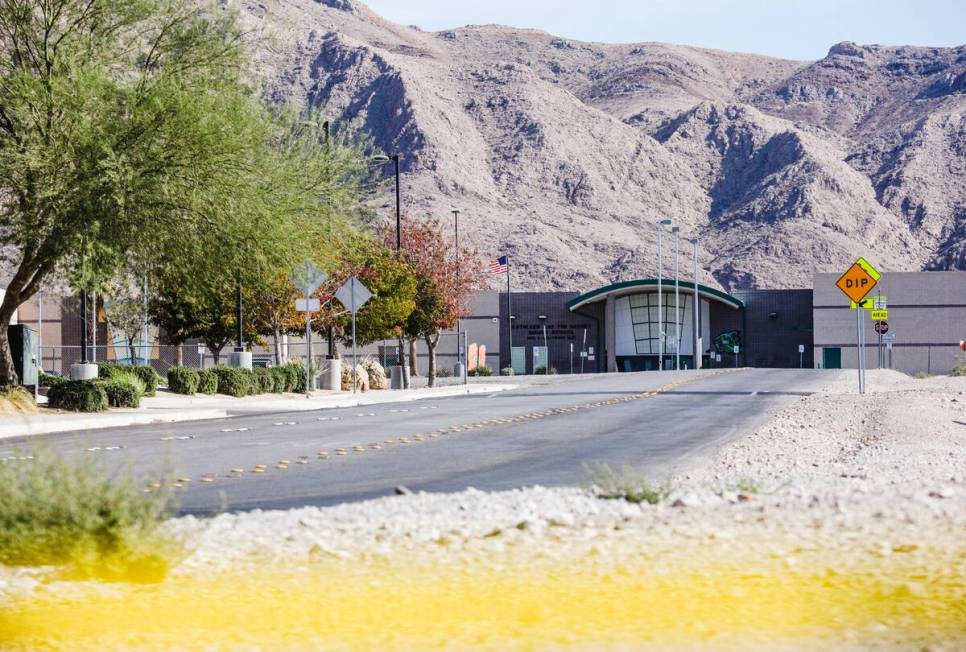 Harney Middle School in Las Vegas, Tuesday, Nov. 7, 2023. Police are investigating the scene wh ...