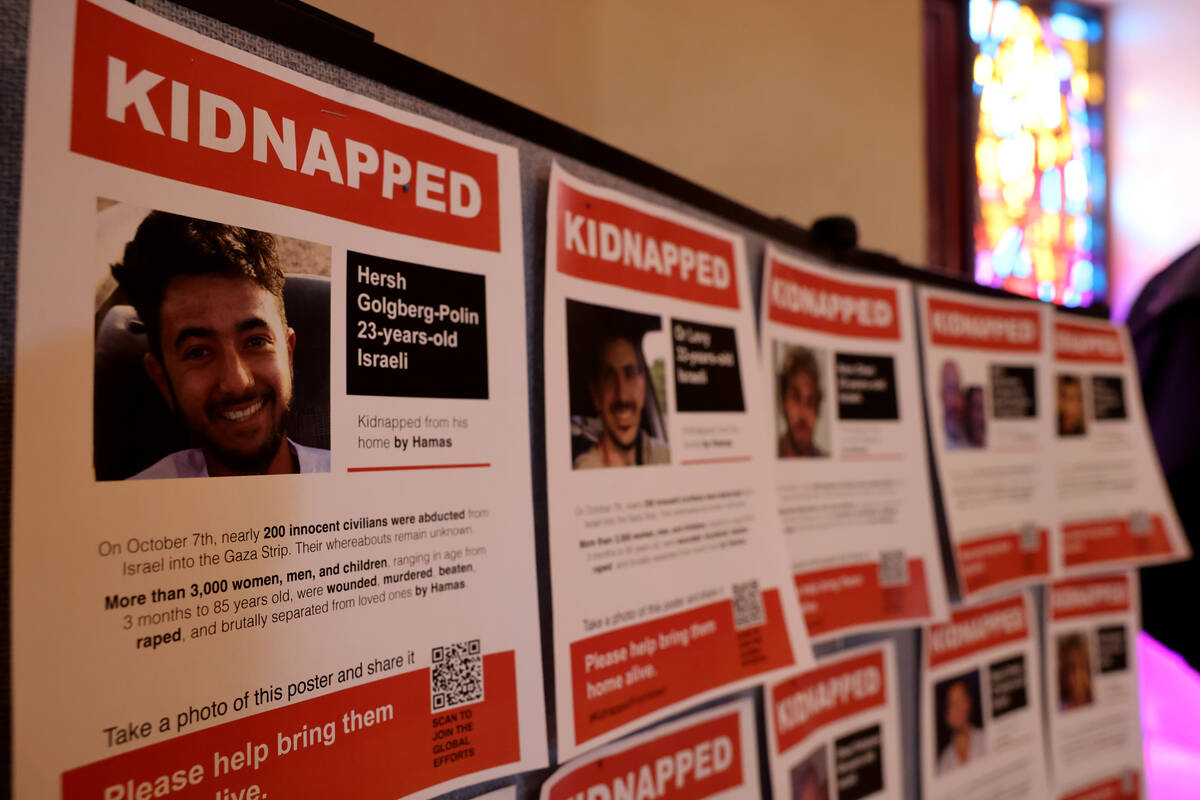 Posters dedicated to people kidnapped during the Oct. 7 Hamas attack on Israel are on display a ...