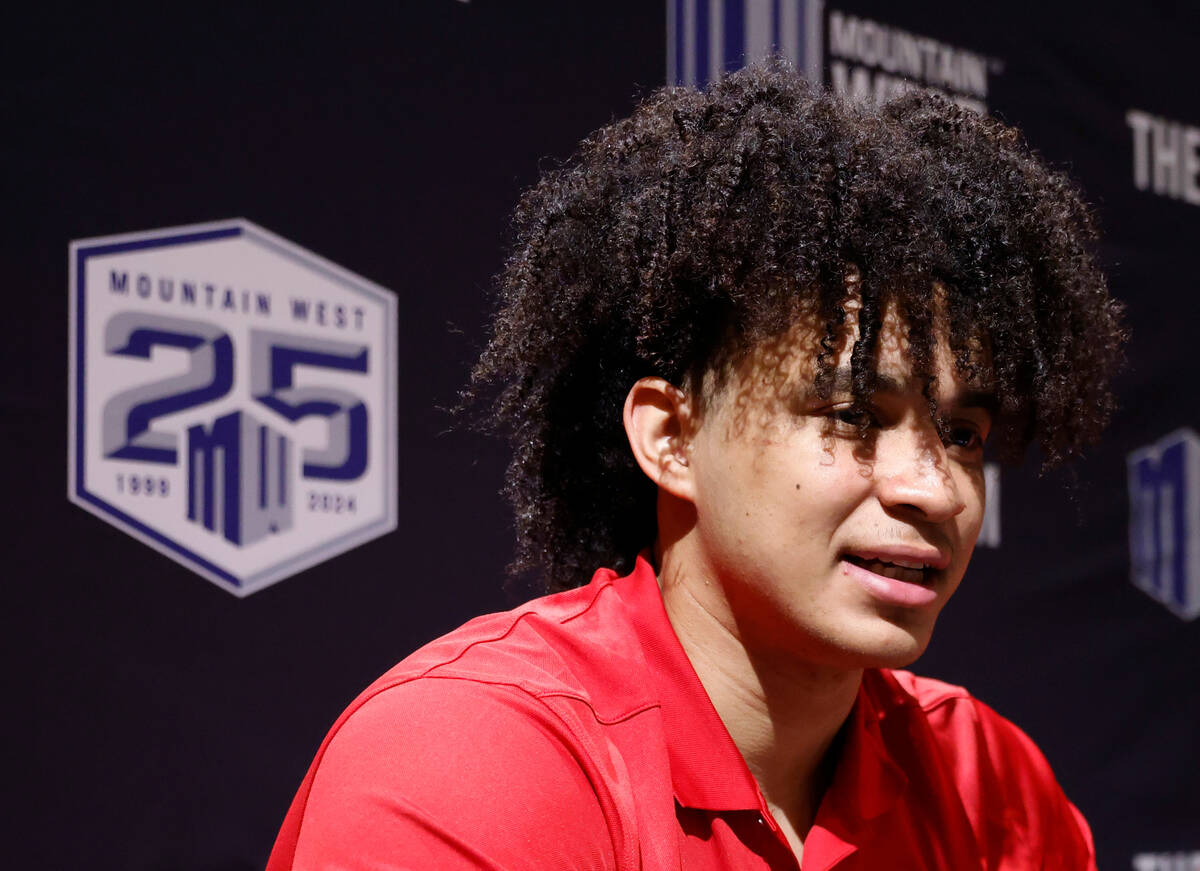 UNLV Rebels forward Jalen Hill speaks during Mountain West media day, on Thursday, Oct. 12, 202 ...