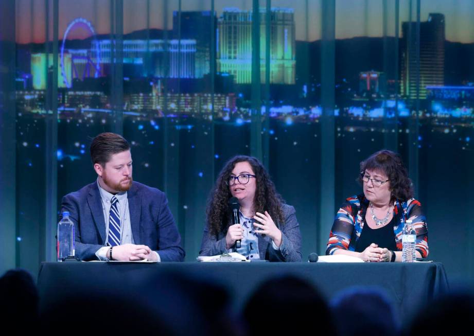 Trevor Macaluso, left, CEO at Eddy House, and Linda Fitzgibbons, right, a retired Nye County Sc ...